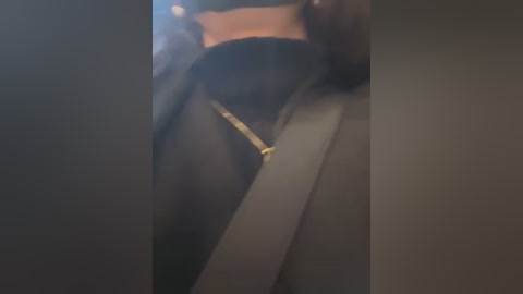 Media: Video of a person's dark, shiny leather belt and the black fabric of their pants, slightly blurred, captured from a low angle, possibly in a dimly lit room.