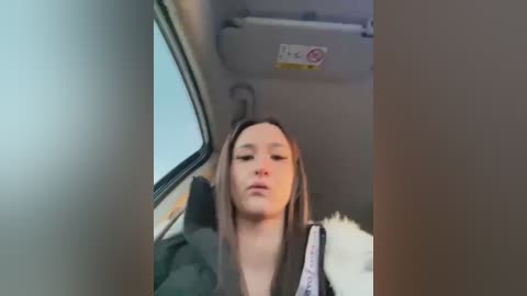 Media: A video of a young Asian woman with shoulder-length brown hair, wearing a gray hoodie, seated in a bus. The image captures her slightly out of focus.