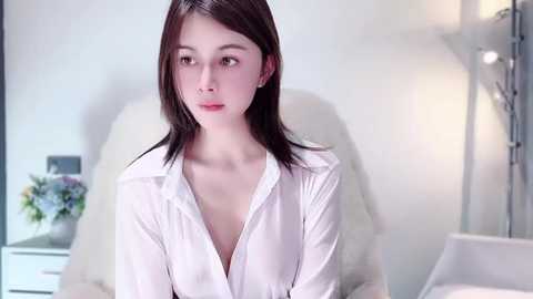 Media: Video of an East Asian woman with straight, shoulder-length dark brown hair, wearing a white button-up shirt, sitting in a modern, minimalistic room with a white chair, light-colored wall, and a small floral arrangement.