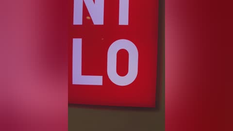 Media: A close-up video of a red sign with white lettering reading \"NO LO,\" partially obscured by a blurred red background. The image has a slightly grainy texture and focuses on the letter \"O\" in the sign.