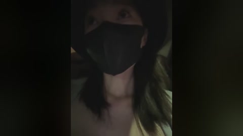 Media: A dimly lit video of a person with long black hair partially visible, wearing a black mask covering their nose and mouth. The background is dark and indistinct, suggesting a low-light setting.