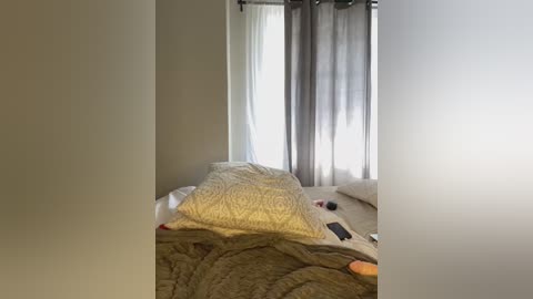 Media: Video of a dimly lit bedroom with a beige bedspread, white pillowcases, and a decorative pillow, featuring a gray and white pattern. The room has a single window with sheer white curtains and gray drapes, casting soft light.