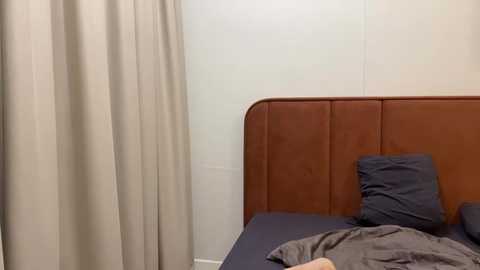 Media: A video of a modern, minimalist bedroom with a brown leather headboard, beige curtains, and a dark blue bedsheet. A gray pillow and a rumpled gray blanket are visible on the bed.