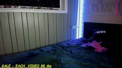 Media: Video of a dimly lit bedroom with blue and teal bedding, a window with a starry night view, and \"IWAN\" printed on the wall, set against a white and gray background.