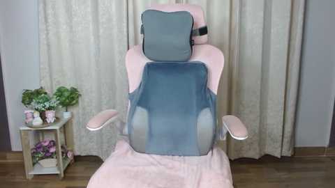 Media: A video of a pink gaming chair with a blue cushion, set against cream curtains and a wooden floor. A small shelf beside the chair holds plants and flowers.