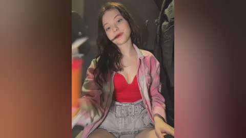 Media: A video of a young woman with fair skin, wearing a red bra, pink plaid jacket, and high-waisted denim shorts, sitting on a dark couch. Her long brown hair is wavy, and she has a casual, slightly pensive expression.