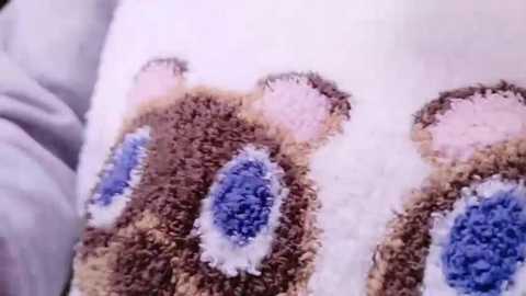 Media: Video of a plush toy's face, featuring brown and white fur, with two large, circular blue eyes and a white nose. The toy is partially visible, resting on a light-colored background.