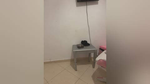 Media: Video of a sparsely furnished room with beige tiled floor, a small gray wooden table, and a black TV mounted on the white wall. A pink cushioned chair is partially visible on the right.