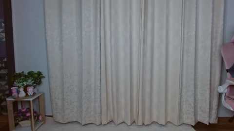 Media: Video of a beige, pleated curtain covering a window, with a wooden side table to the left holding a small potted plant. Pink children's chair visible on the right.