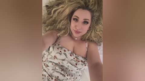 Media: A video of a light-skinned woman with curly blonde hair, lying on a white bed, wearing a floral-patterned top, smiling.