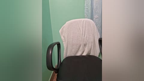 Media: A video of a black office chair with a white towel draped over the backrest, positioned against a mint green wall with a semi-transparent curtain featuring floral patterns. The chair is placed against a plain white wall.