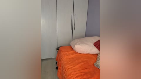 Media: A video of a small, neatly made bed with orange bedding and white pillows against a white wall with a white wardrobe.