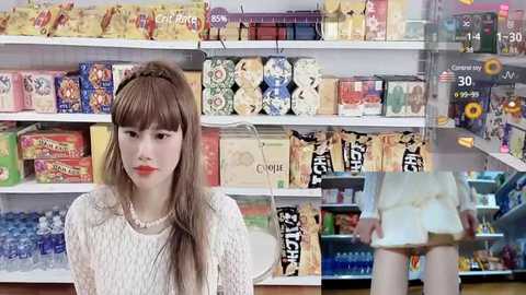 Media: Video of a Caucasian woman with long brown hair, wearing a white knitted sweater, standing in a colorful, neatly arranged supermarket aisle filled with various food products and signage.