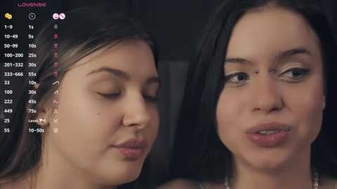 Media: A video featuring two young women with fair skin and dark hair, one with a serene expression, the other with a slight smile. A social media app interface overlays the image, displaying heart and emoji reactions.