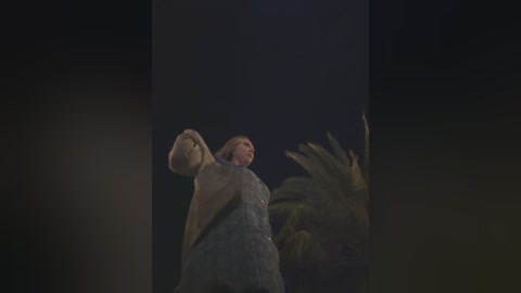 Media: Video of a woman with a light complexion, dressed in a beige robe, standing outdoors at night, with a dark background featuring palm trees and a faint light source.