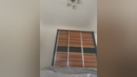 Media: A blurred video of a minimalist, modern bedroom with a sliding wardrobe made of wooden panels and black frames, featuring a white ceiling fan. The room has beige walls and a gray bedspread.