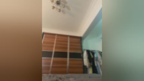 Media: Blurred video of a modest, bright bedroom with a wooden wardrobe, teal walls, hanging clothes, and a ceiling fan.