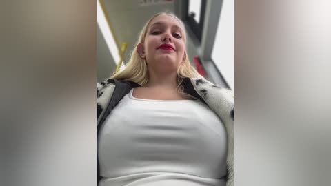 Media: Video of a blonde woman with medium-length hair, wearing a white tank top and a black and white cardigan, looking confident and slightly up at the camera from a low angle.