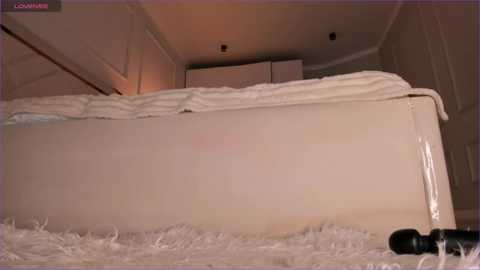 Media: A video of a neatly made bed with a white comforter and white fluffy carpet, featuring a black vibrator on the floor in the foreground. The room has a clean, minimalist aesthetic with soft lighting.