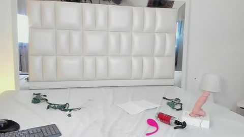 Media: Video of a sleek, modern office desk with a white, tufted leather headboard backdrop. Desk items include a black keyboard, green and red sex toys, and a white lamp.