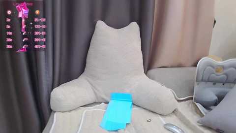 Media: A video of a plush, cat-shaped pillow on a bed, with a blue envelope lying on the bedspread. The background features a gray curtain and a soft, light-colored wall.