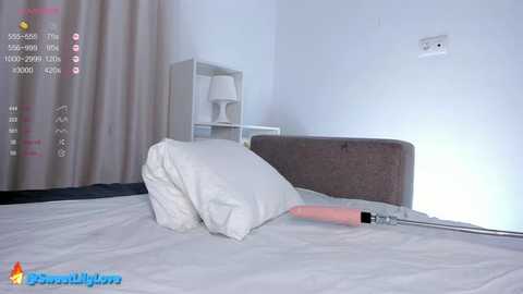 Media: Video of a minimalist bedroom with a white bed, a grey headboard, white pillows, a beige curtain, and a white wall-mounted shelf with a lamp. A pink vibrator lies on the bed.