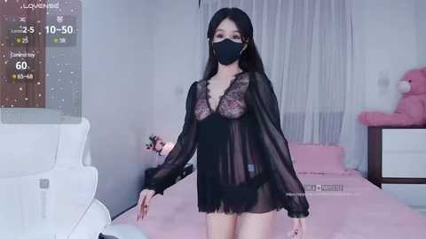 Media: A video of a slender East Asian woman in a sheer black lace lingerie set with a face mask, standing in a pastel-toned bedroom.