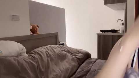 Media: Video of a minimalist, modern bedroom with a grey bed, a teddy bear on a pillow, and a small kitchenette in the background.