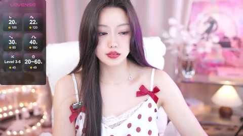 Media: Video of an East Asian woman with long black hair, red lipstick, wearing a white polka-dotted dress with red bows, sitting on a white chair in a pink-lit room.