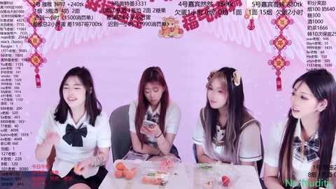 Media: Video of four Asian girls in school uniforms, seated at a table, eating food, with festive red and gold decorations.