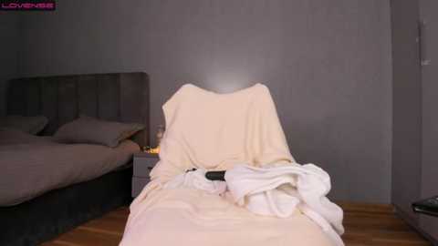 Media: A video of a cozy bedroom with a draped, beige blanket covering a man's head, lying on a bed with gray bedding. The room has a minimalist, modern decor with wooden floors and a muted color scheme.