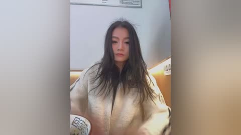 Media: Video of a young Asian woman with long black hair, wearing a beige, textured bathrobe, sitting in a dimly lit room with a white wall and a framed poster.