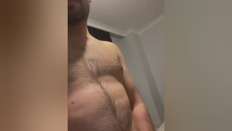 Media: Video of a partially nude, muscular, light-skinned man with a hairy chest, seen from the waist up, standing in a dimly lit room with white walls and a window.