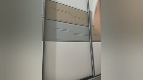 Media: Video of a sleek, modern interior wall with horizontal panels in beige, gray, and light brown, featuring a metallic trim. The wall has a clean, minimalist design with smooth textures and a contemporary aesthetic.