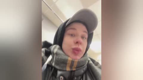 Media: A blurred video of a young person wearing a gray cap and thick, multicolored scarf, possibly in a train, with blurred background of train seats.