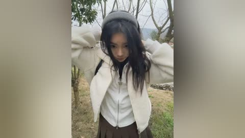 Media: Video of a young East Asian woman with long black hair, wearing a white puffy jacket, black sweater, and pleated skirt, standing outdoors in a grassy area with bare trees in the background.