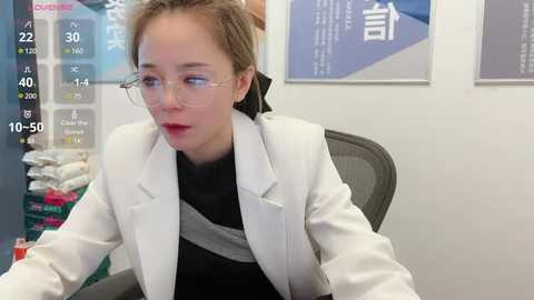 Media: Video of a light-skinned woman with glasses and short brown hair in a white blazer, sitting in a chair in a brightly lit room with white walls and posters.