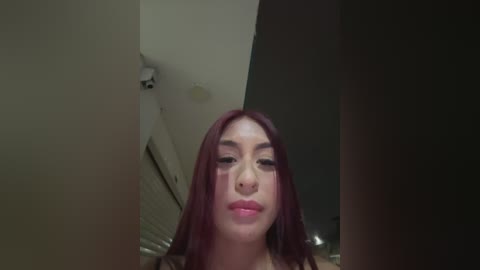 Media: Video of a young woman with long, straight, red hair, fair skin, and a neutral expression. She wears minimal makeup, and the background is dimly lit, featuring a beige wall and a ceiling light.