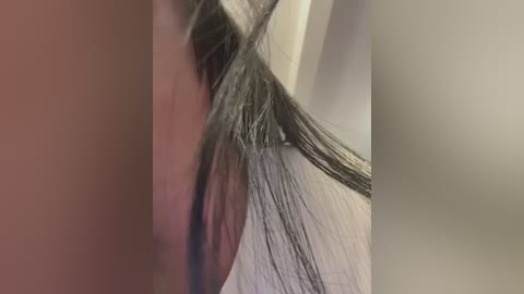 Media: A close-up video showing the side profile of a person with long, straight black hair, partially wet and sleek, being brushed. The background is blurred, featuring neutral colors.