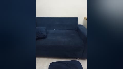 Media: A video of a dark blue, plush sofa in a dimly lit room with a beige wall, a wooden side table, and a dark carpet.