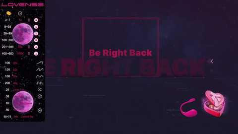 Media: This is a digital screenshot from the \"LOVEPLUS+\" game. The background is dark with pink accents, displaying a moon and a heart-shaped box. The title \"Be Right Back\" is prominently displayed.