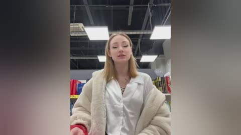 Media: Video of a blonde woman in a white blouse and beige cardigan, standing in a modern bookstore with fluorescent lights, shelves, and books visible in the background.