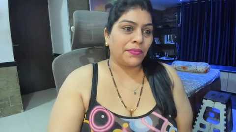 Media: Video of a South Asian woman with medium skin tone, black hair in a side braid, wearing a black tank top with colorful circular patterns, sitting in a living room with a TV, bookshelf, and dark curtains.