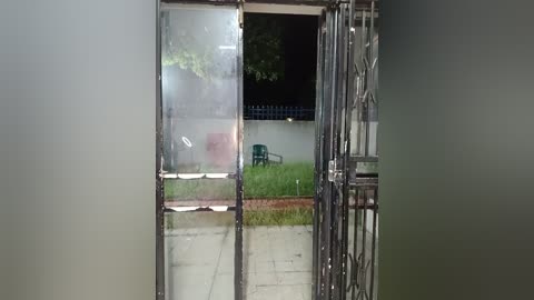 Media: Video of a partially open glass door revealing a small backyard with a green lawn, white fence, and a green chair, framed by metal scaffolding.