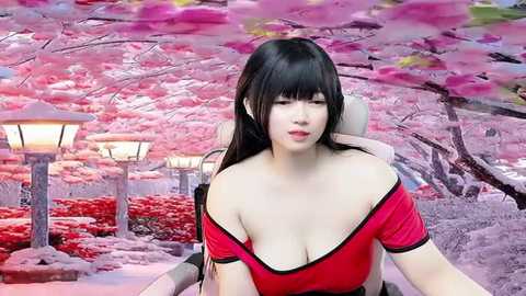 Media: Video of a young East Asian woman with long black hair, fair skin, and large breasts, wearing a red off-shoulder top, seated in a modern chair in a digitally altered cherry blossom garden with pink trees and lampposts.