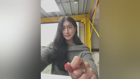 Media: Video of a woman with long dark hair, wearing glasses and a gray sweater, reaching out with her left hand. Background features a yellow metal structure and a green grassy area.