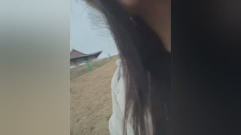 Media: A blurry video of a woman with long, dark hair, wearing a white shirt, standing on a grassy hill with a wooden shed in the background.