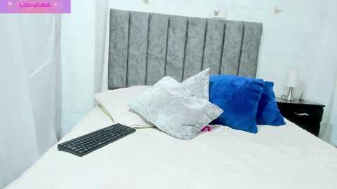 Media: A video of a modern bedroom with a gray tufted headboard, white bedding, a blue pillow, and a black keyboard on the bed.