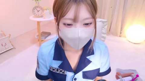 Media: Video of a young Asian woman in a blue and white police uniform, face mask, and hair pulled back. She stands in a soft-lit, minimalist room with a white floor, a table, and a lamp.