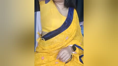 Media: Video of a person wearing a bright yellow sari with a blue border, adorned with small pink flowers, and a black and white checkered blouse.